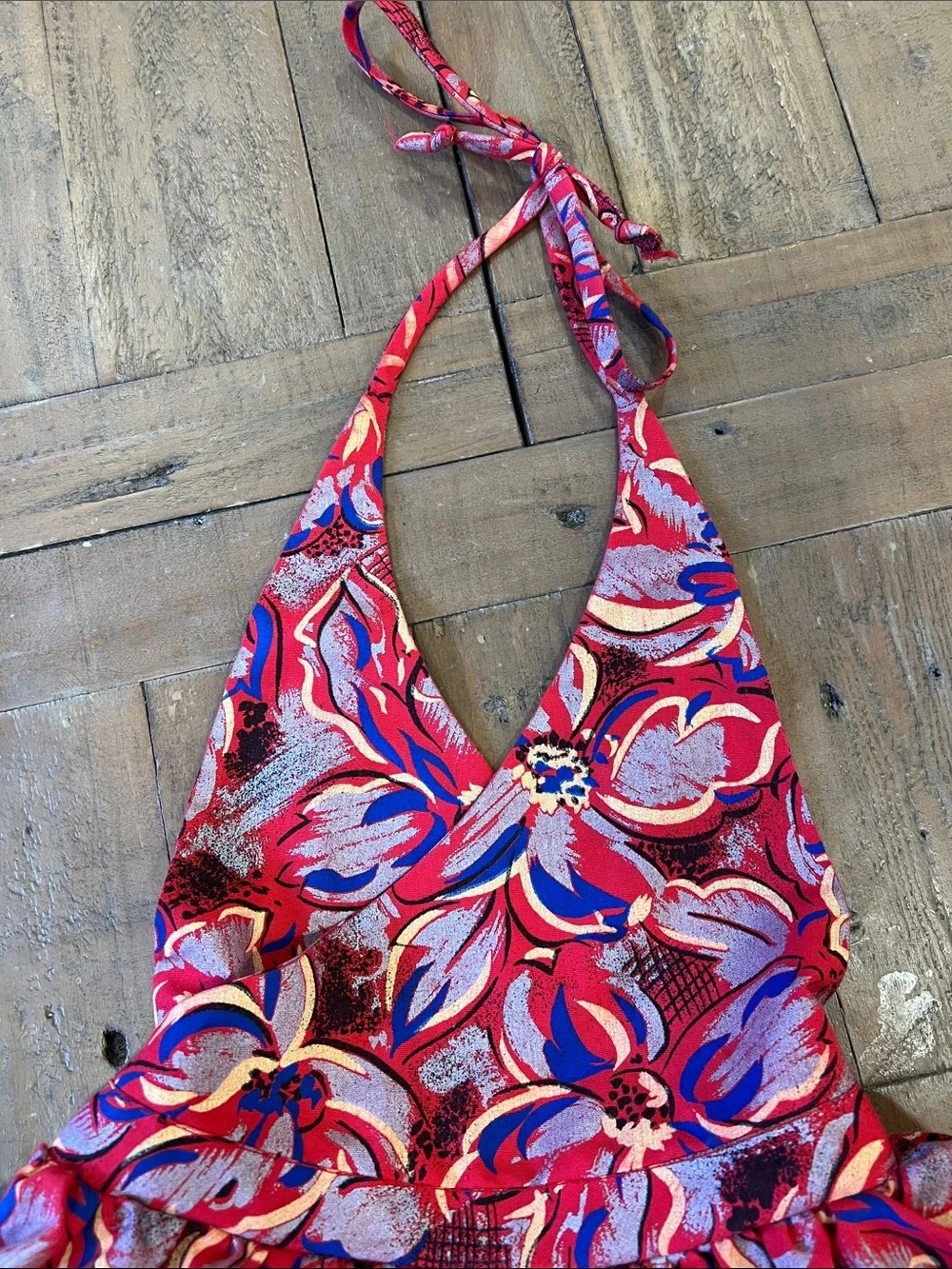 Brass Razoo red and silver floral halter dress 2T handmade metallic bohemian